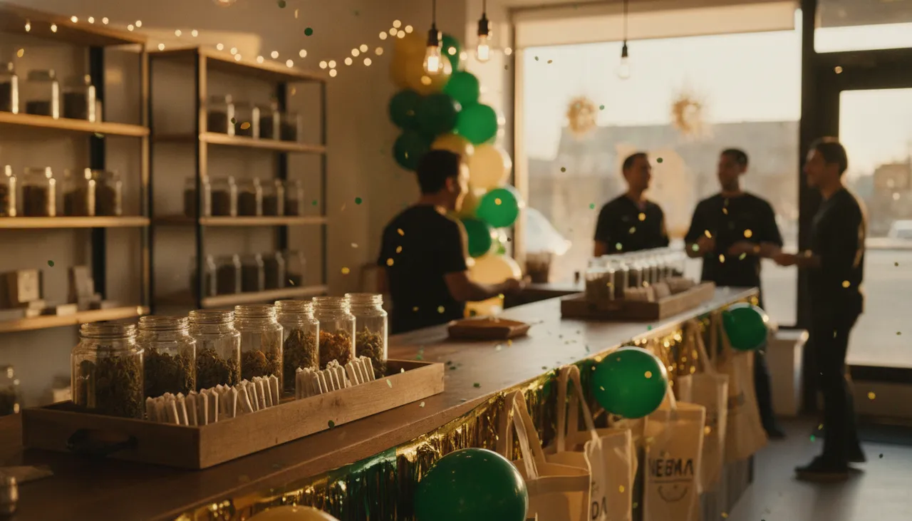 Festive 4/20 dispensary counter with green and gold streamers, sample jars, tote bags and string lights at golden hour in Queens