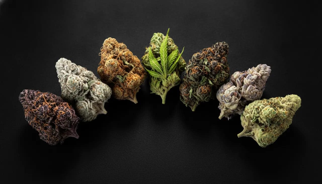 Seven different premium cannabis buds fanned in an arc on a dark studio surface under dramatic raking light