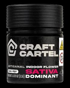 A black Craft Cartel artisanal indoor flower jar with pink sativa lettering, available at Terp Bros Astoria and Ozone Park