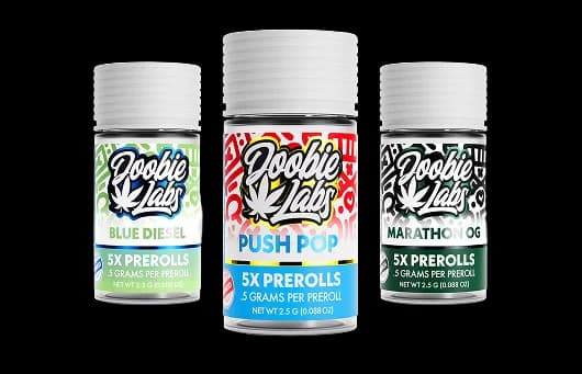 Three Doobie Labs 5-pack preroll jars including Blue Diesel, Push Pop, and Marathon OG