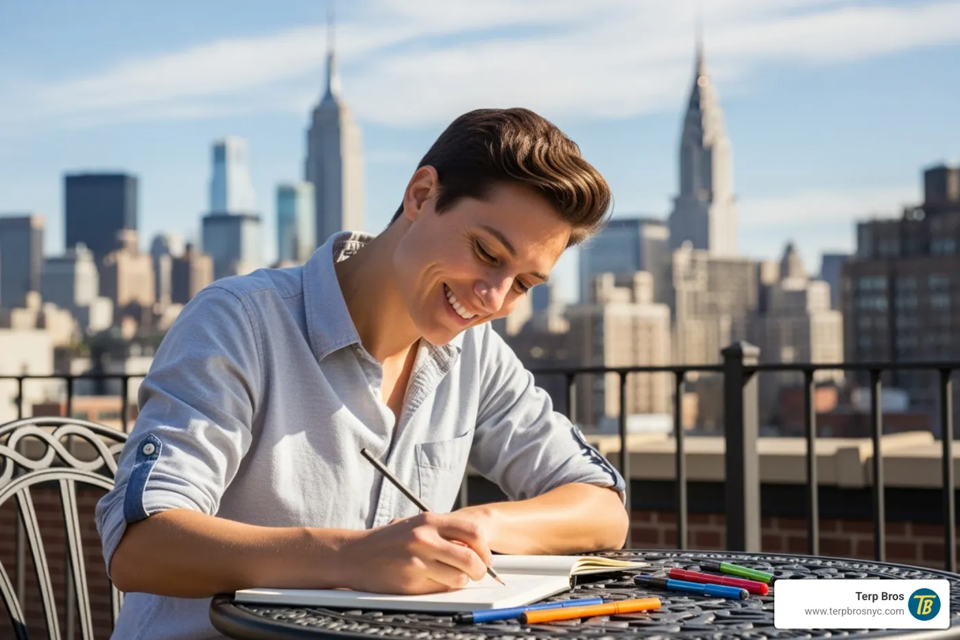 Person looking happy and creative in an NYC setting. Alt text: Smiling person working on a creative project in New York City after consuming Durban Fruit. - durban fruit strain
