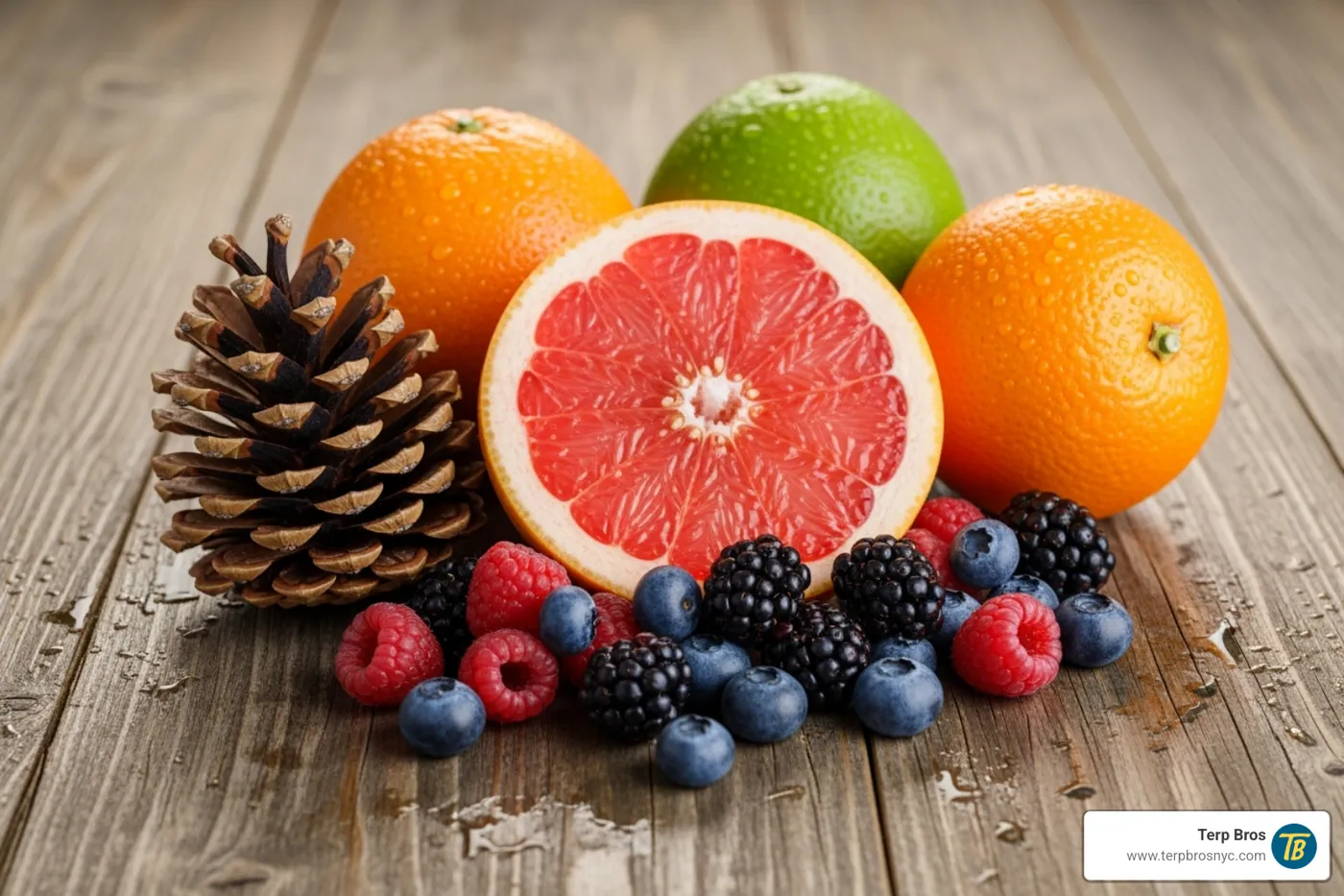 Grapefruit, berries, oranges, and a pine cone arranged together. Alt text: Assorted fruits and a pine cone representing the flavor and aroma profile of Durban Fruit cannabis. - durban fruit strain