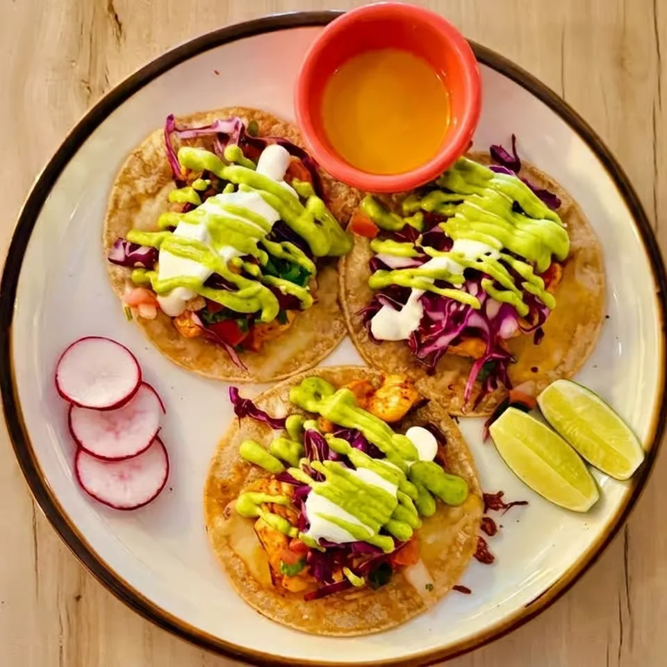Three tacos on corn tortillas topped with red cabbage, crema and bright green avocado salsa, served with lime wedges, sliced radish and a cup of salsa