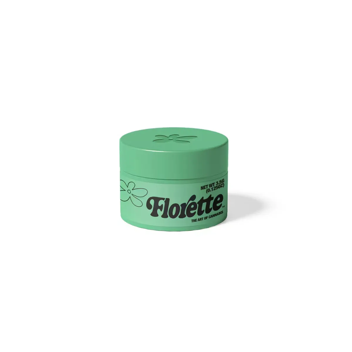 A mint green Florette 3.5 gram flower jar with a flower embossed lid and black Florette script logo, part of the new eighths drop at Terp Bros Astoria