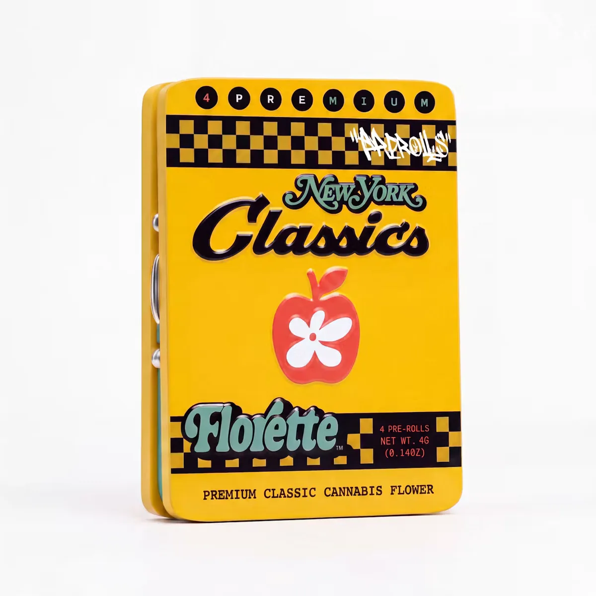 A yellow Florette New York Classics pre-roll tin with a checkered taxi stripe and a red apple logo, holding four 1 gram pre-rolls