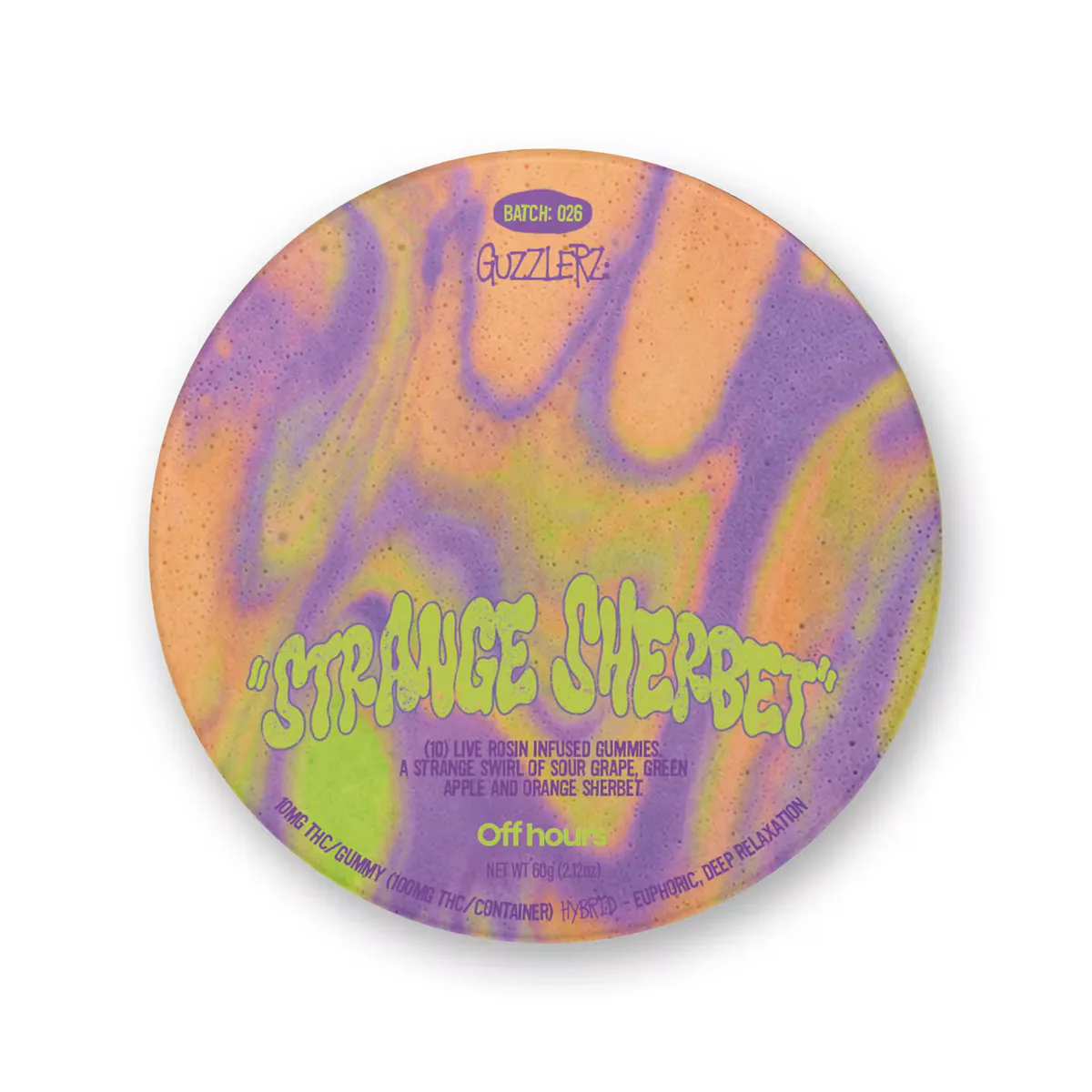 The Off Hours Guzzlerz Strange Sherbet live rosin gummies tin lid, a swirl of orange, purple and lime green with drippy green lettering