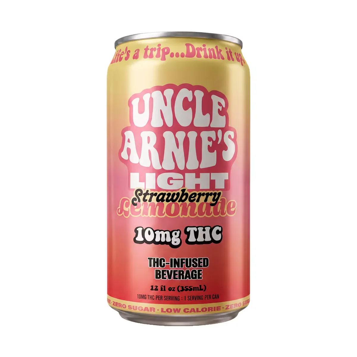 A can of Uncle Arnie's Light Strawberry Lemonade, a 10mg THC infused beverage with zero sugar, in a pink and gold gradient can