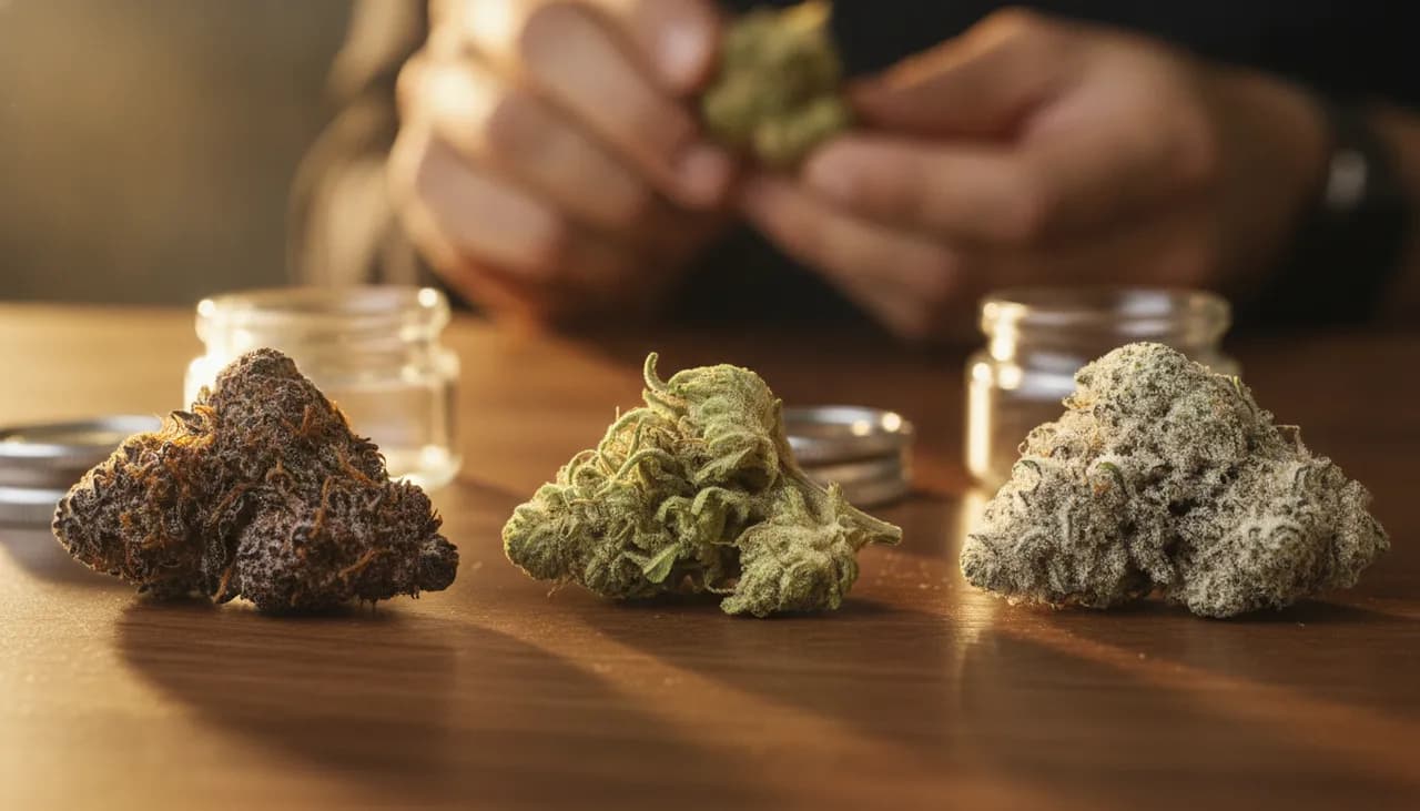 Three distinct cannabis buds compared side by side on dark walnut with a loupe magnifier under warm light