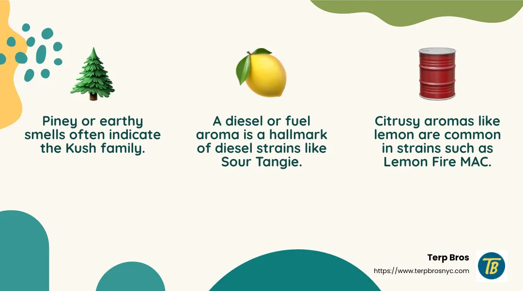 Terpenes and Aromas in Cannabis - how to identify cannabis plant strain infographic 3_facts_emoji_nature