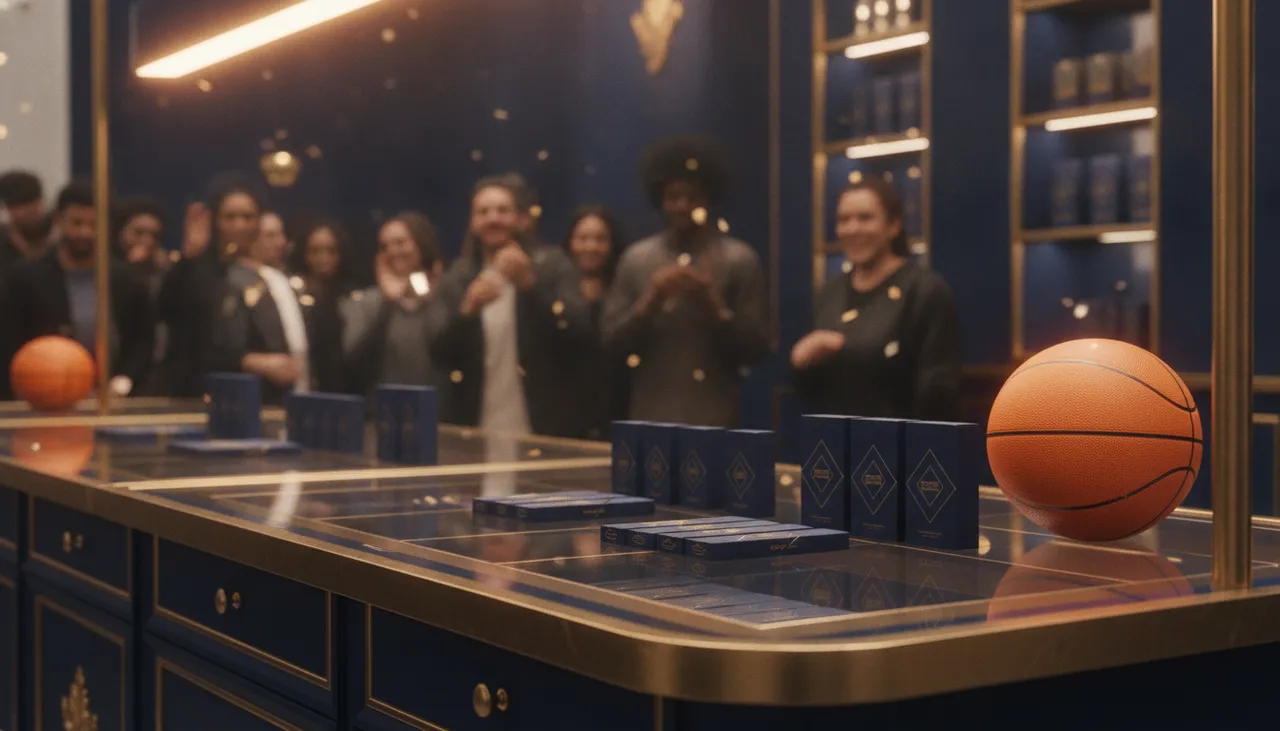 Astoria dispensary counter display for a celebrity cannabis brand launch with a basketball and branded product boxes