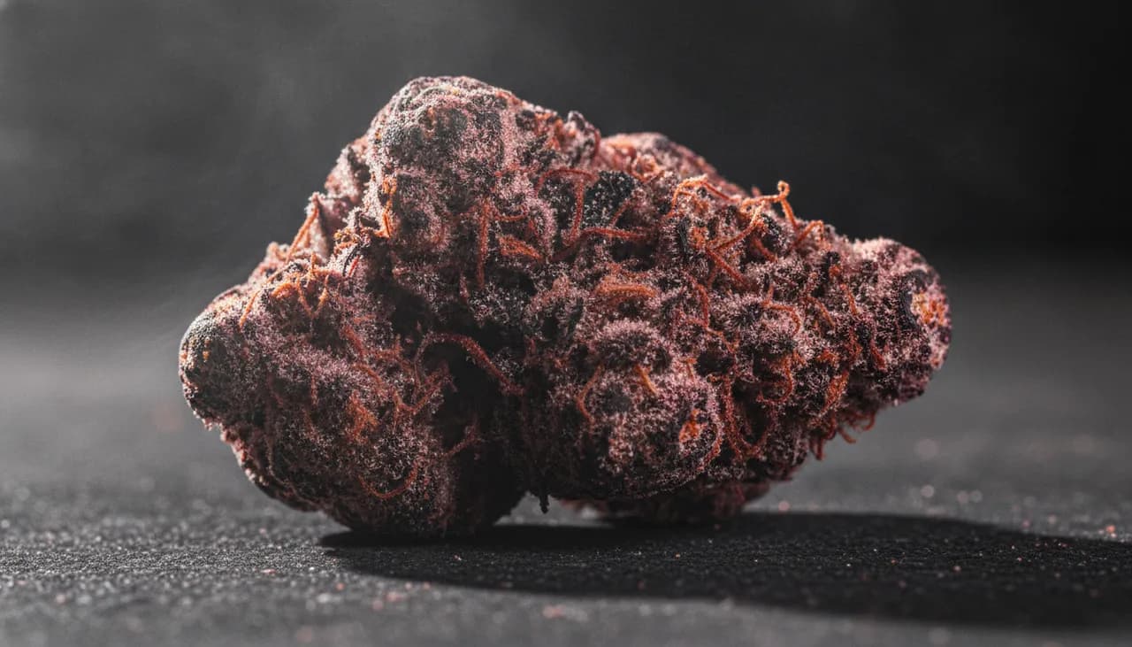 Extreme macro of a dense cherry-purple Cherry Beltz indica cannabis bud dusted with candy-like trichomes