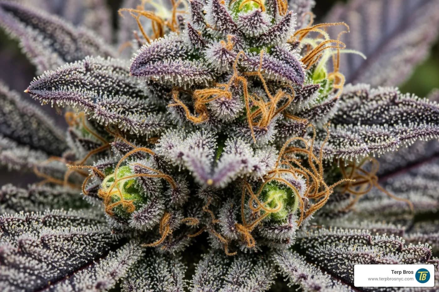 Close-up of vibrant Cherry Beltz cannabis bud showing purple hues, orange pistils, and frosty trichomes - cherry beltz strain