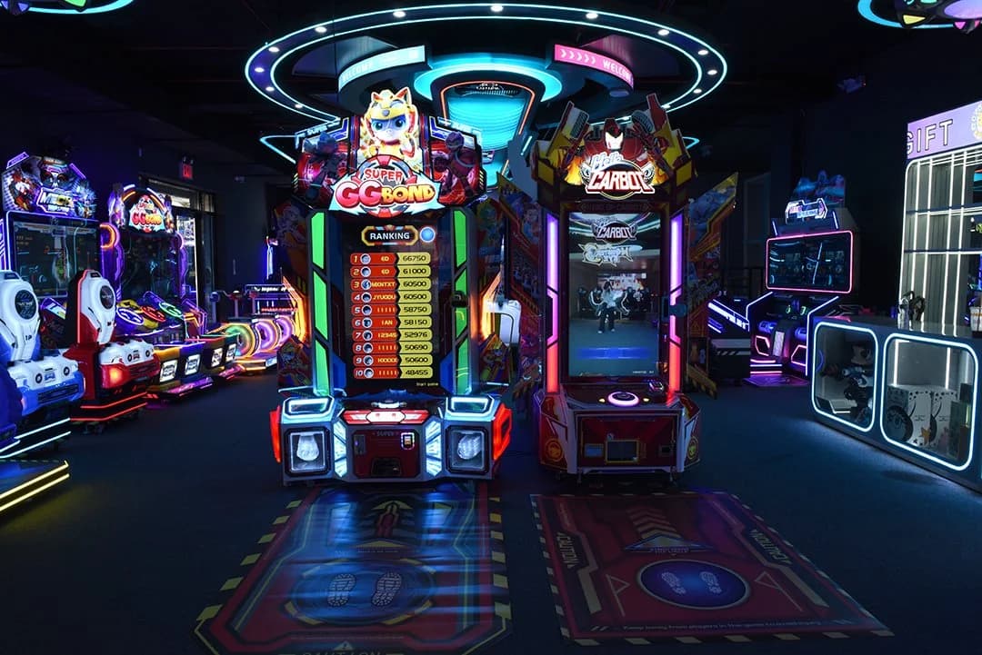Timeline VR arcade in Flushing Queens with neon lit racing simulators and immersive VR rides