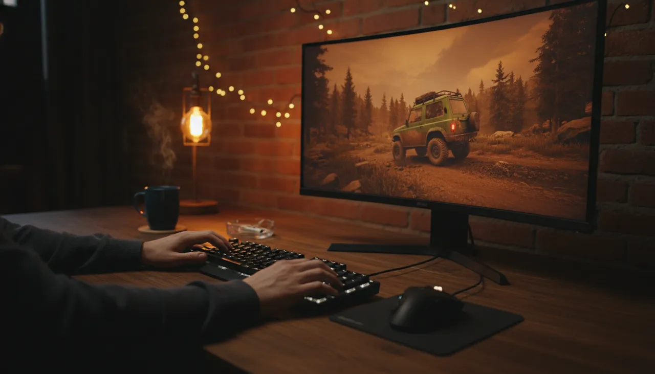 Gamer's hands at a keyboard playing DayZ off-road driving on a glowing monitor in a warm Queens apartment gaming nook