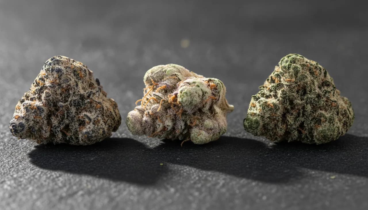 Macro row of three cannabis buds: frosty Sweet BB Haze, creamy Sweet Gelato, and resin-coated Widowmaker on dark stone