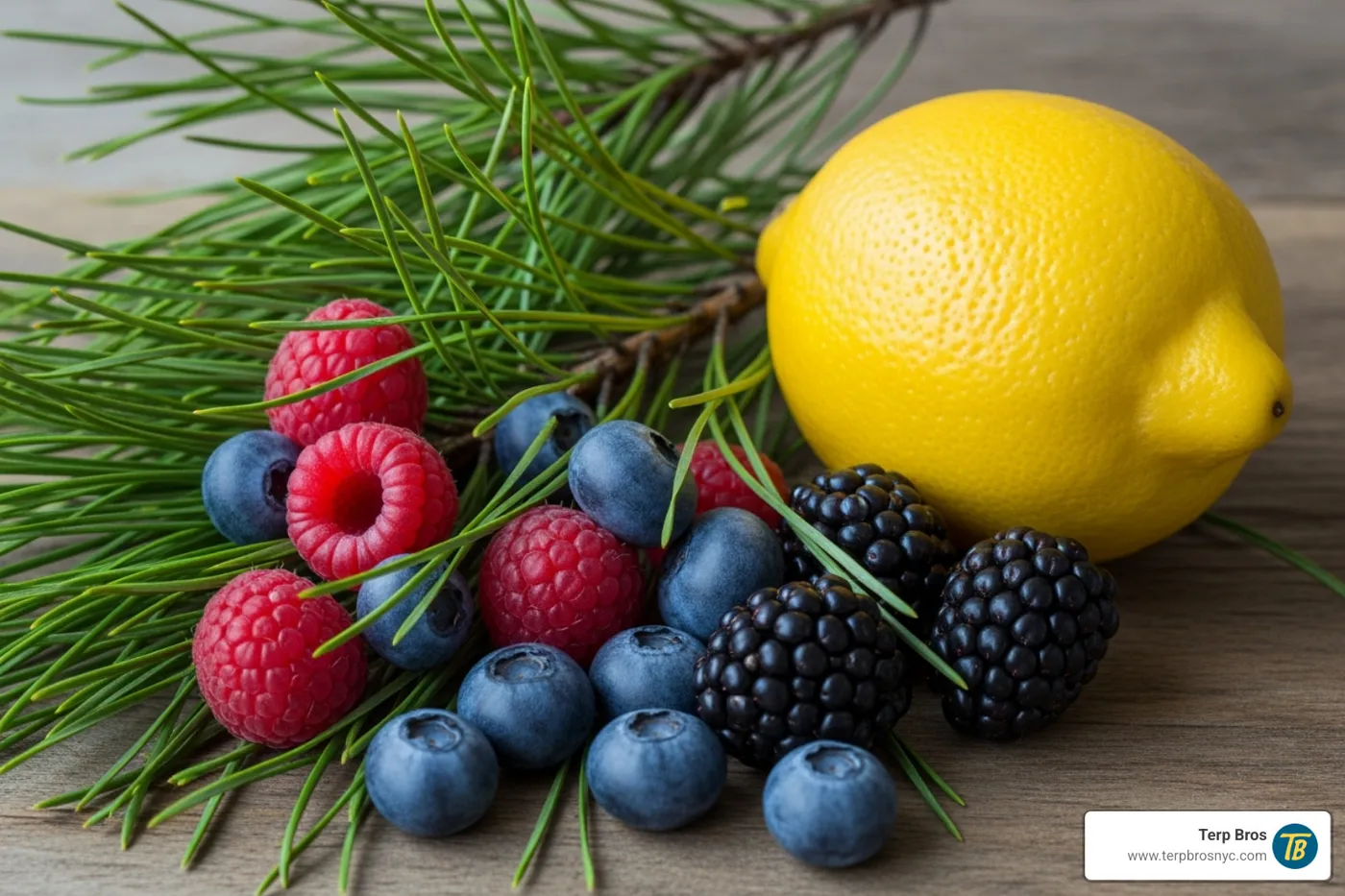 Pine needles, a lemon, and fresh berries to visually represent the flavor profile. - sweet bb haze strain
