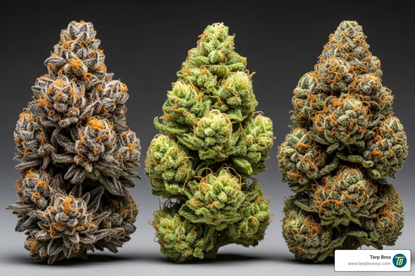 Three distinct cannabis buds side-by-side to represent Sweet BB Haze, Sweet Gelato, and Widowmaker. - sweet bb haze strain