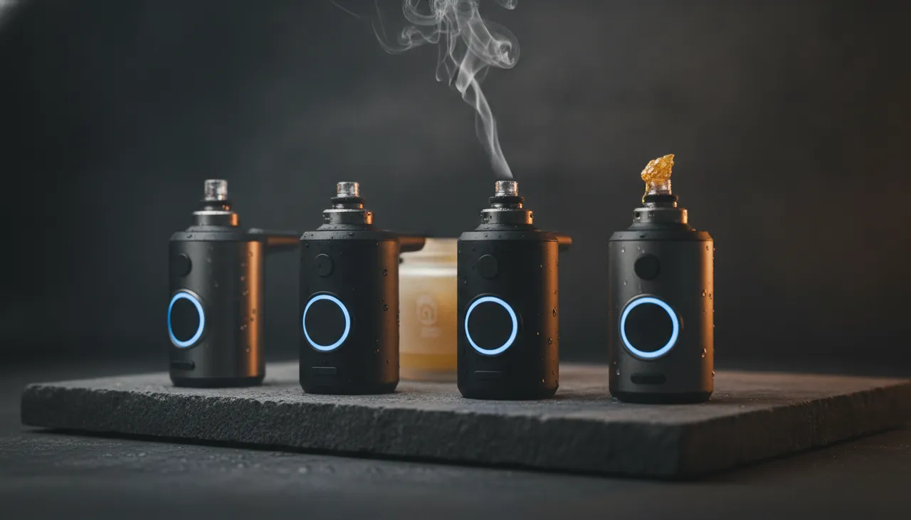 Three sleek electric dab rigs with glowing LED rings on dark concrete, vapor rising from a quartz banger