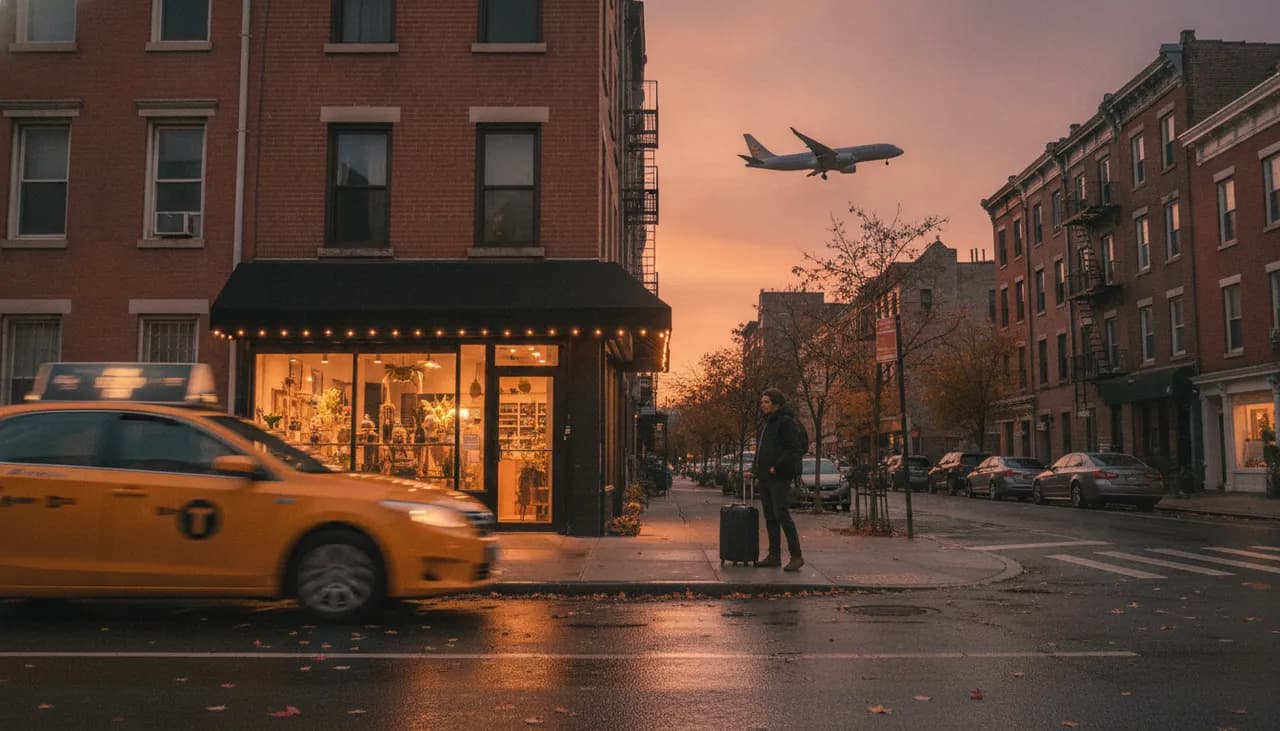 Warm-lit Astoria cannabis dispensary storefront near LaGuardia Airport at dusk with a traveler and rolling suitcase on the sidewalk