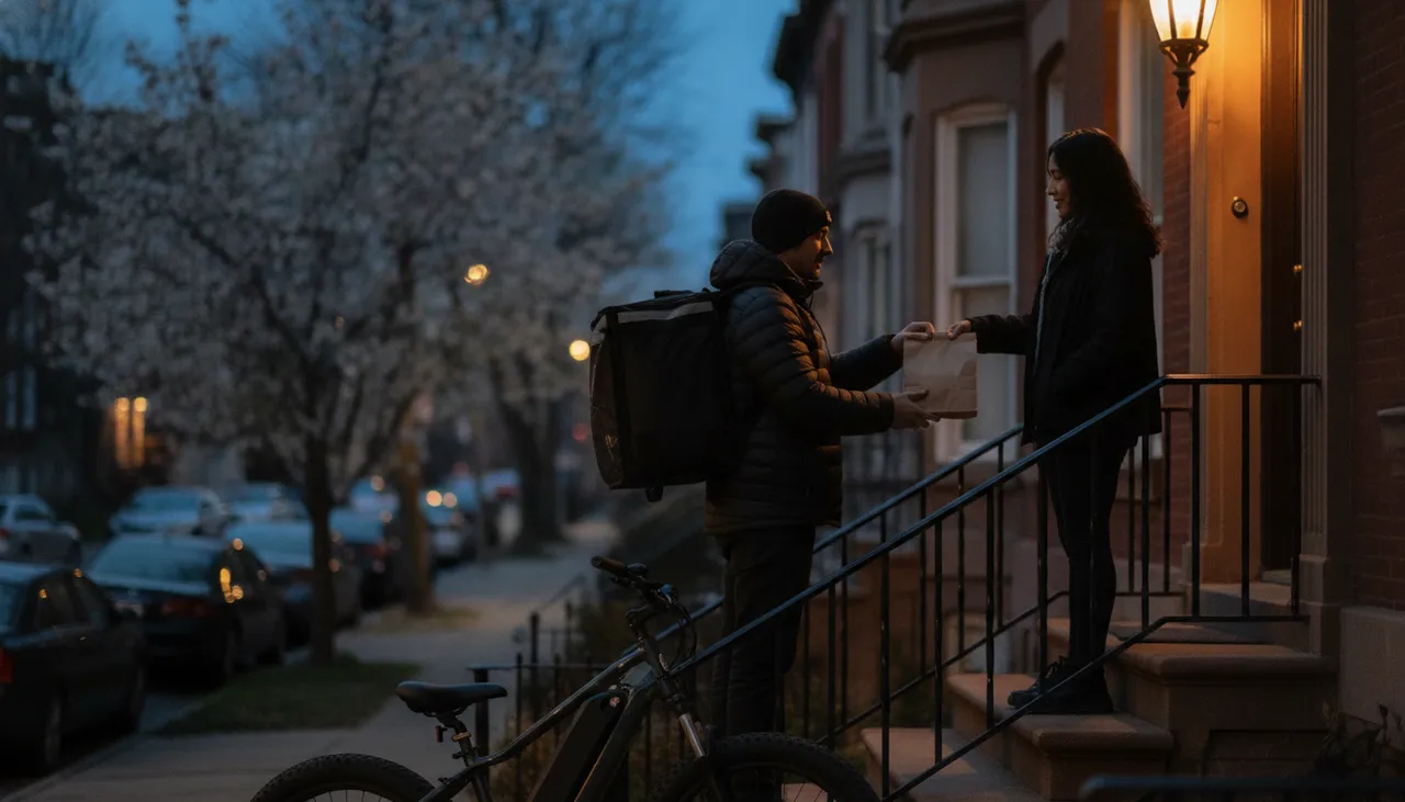 Cannabis courier handing a sealed delivery bag to a resident on a Queens brownstone stoop at blue hour with an e-bike at the railing