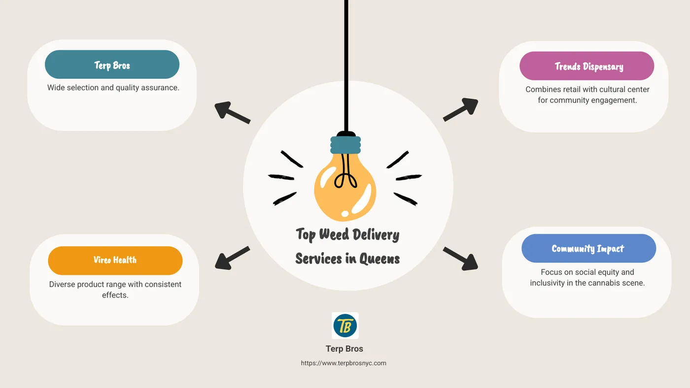 Infographic showcasing top weed delivery services in Queens with key features like speed, range, and quality - weed delivery queens infographic brainstorm-4-items