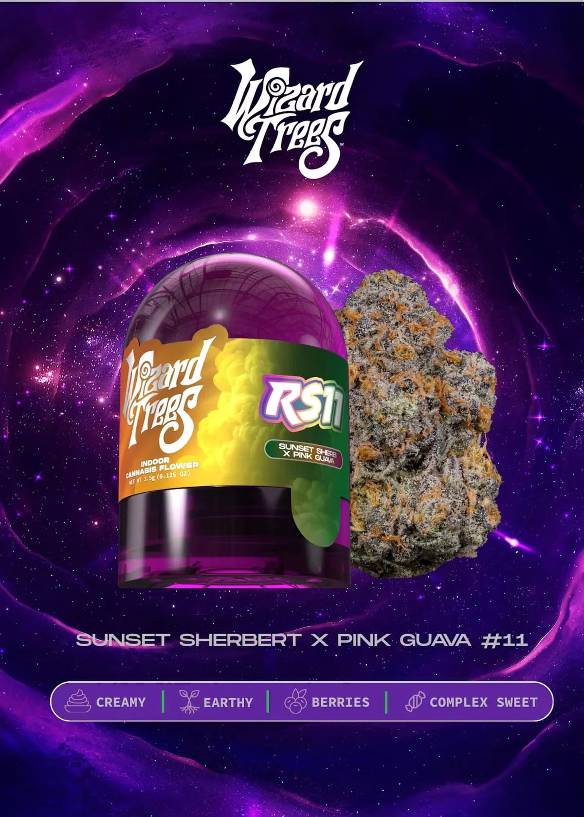 Wizard Trees brand artwork, a domed purple flower jar and a frosty bud set against a deep purple galaxy backdrop with the brand's script logo