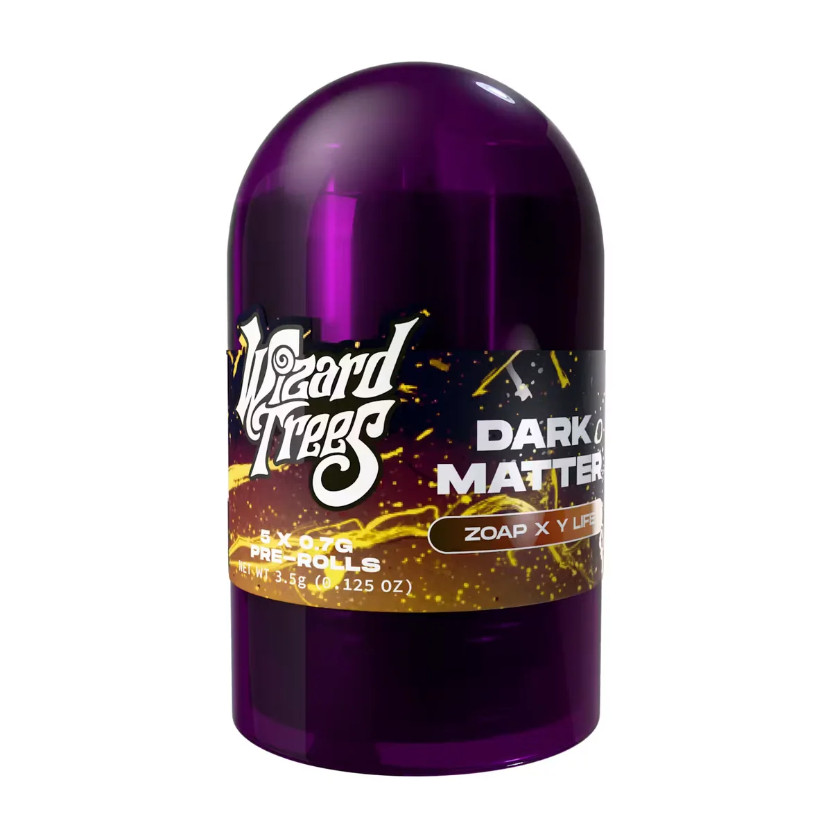 A Wizard Trees Dark Matter preroll jar, the signature domed purple container holding five 0.7g prerolls, back in stock at both Terp Bros locations