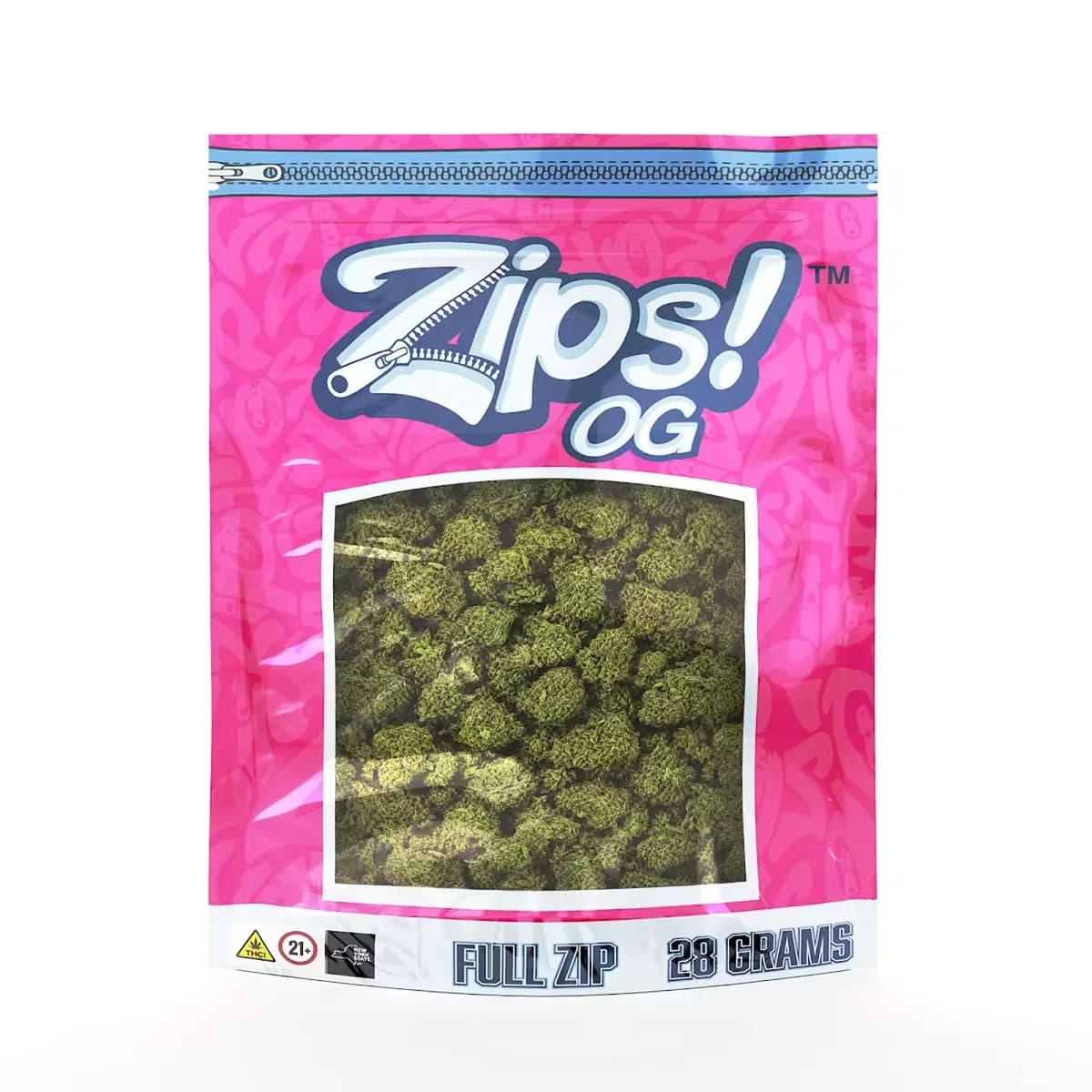 A Zips OG full zip bag in hot pink, 28 grams of cannabis flower behind a clear window, one of the new bulk bags at Terp Bros Ozone Park