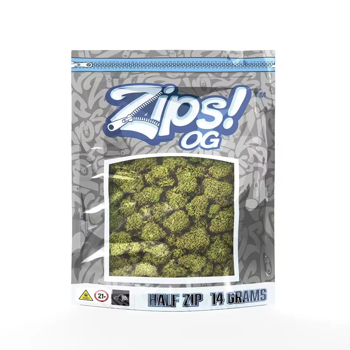 A Zips OG half zip bag in silver, 14 grams of cannabis flower behind a clear window, the half ounce option at Terp Bros Ozone Park