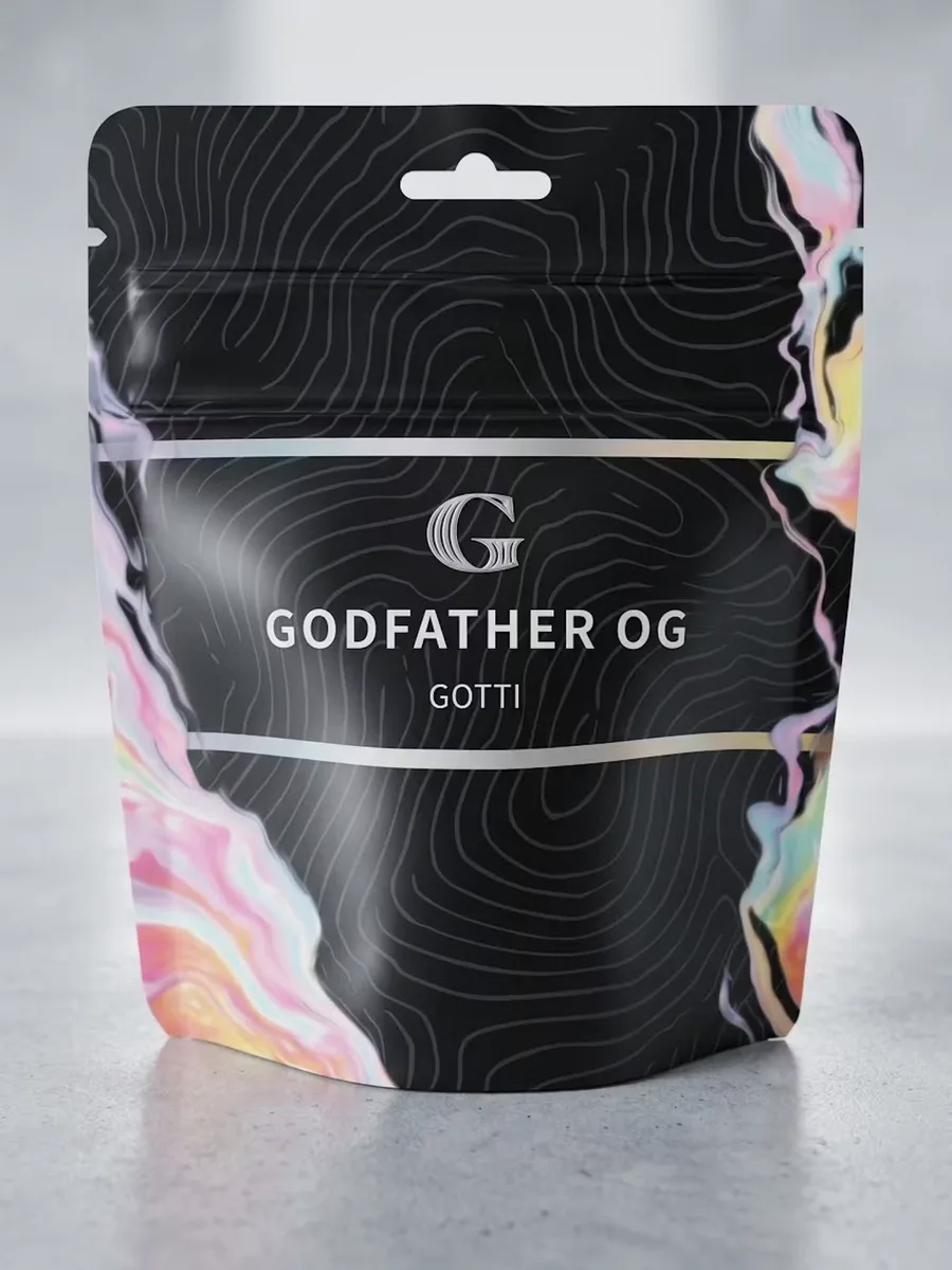 A Gotti Godfather OG flower pouch in black with iridescent marbled edges and a silver G logo, part of the new Gotti eighths at Terp Bros Ozone Park