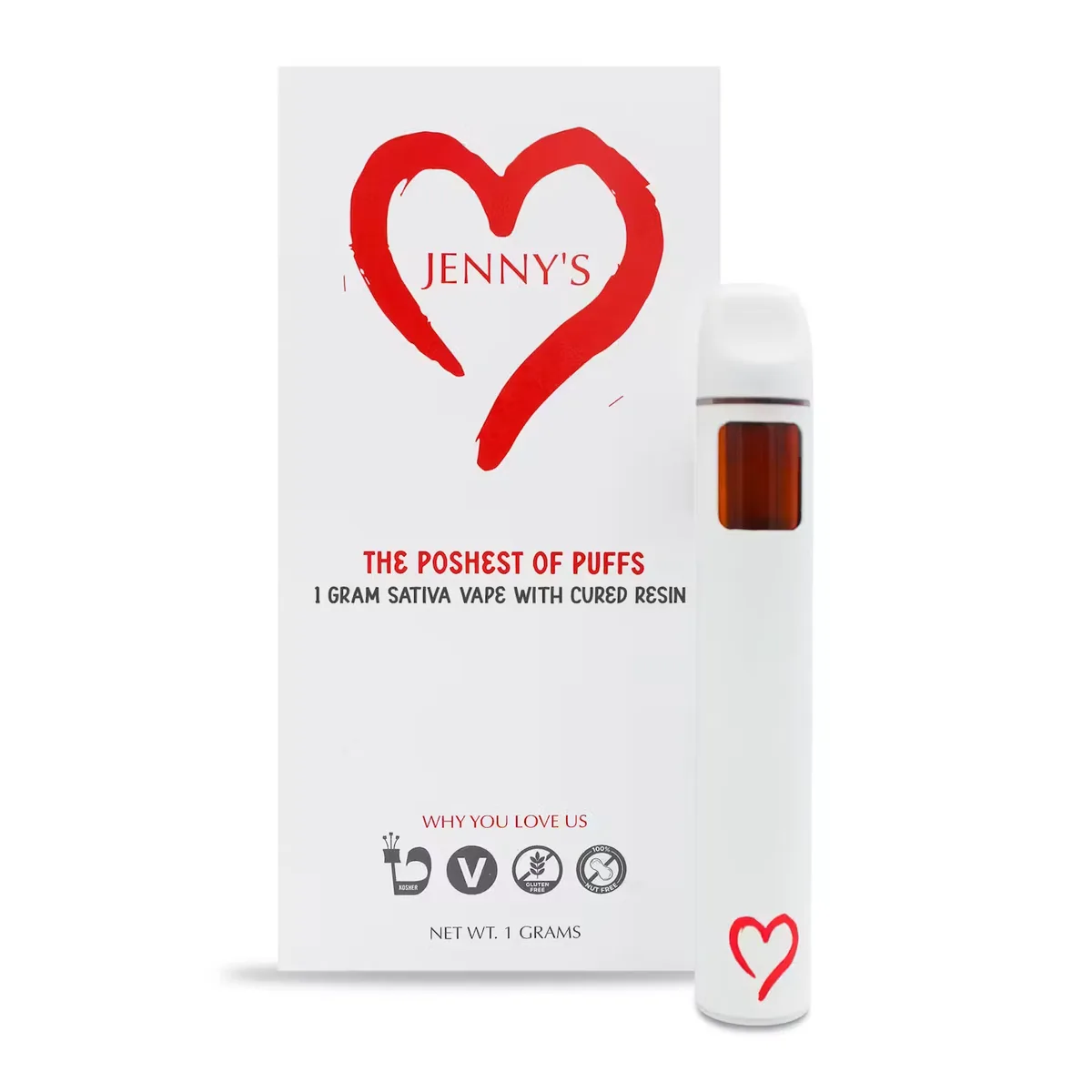 A Jenny's 1 gram sativa vape with cured resin, a white all-in-one device standing beside its white box with the brand's red hand-drawn heart logo