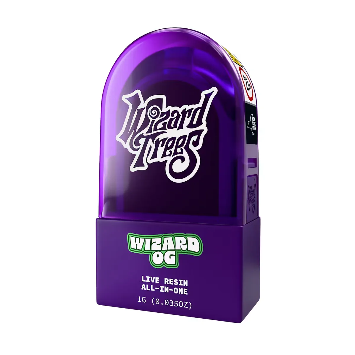 A Wizard Trees Wizard OG live resin all-in-one vape, 1 gram, in the brand's domed purple case with a green strain label