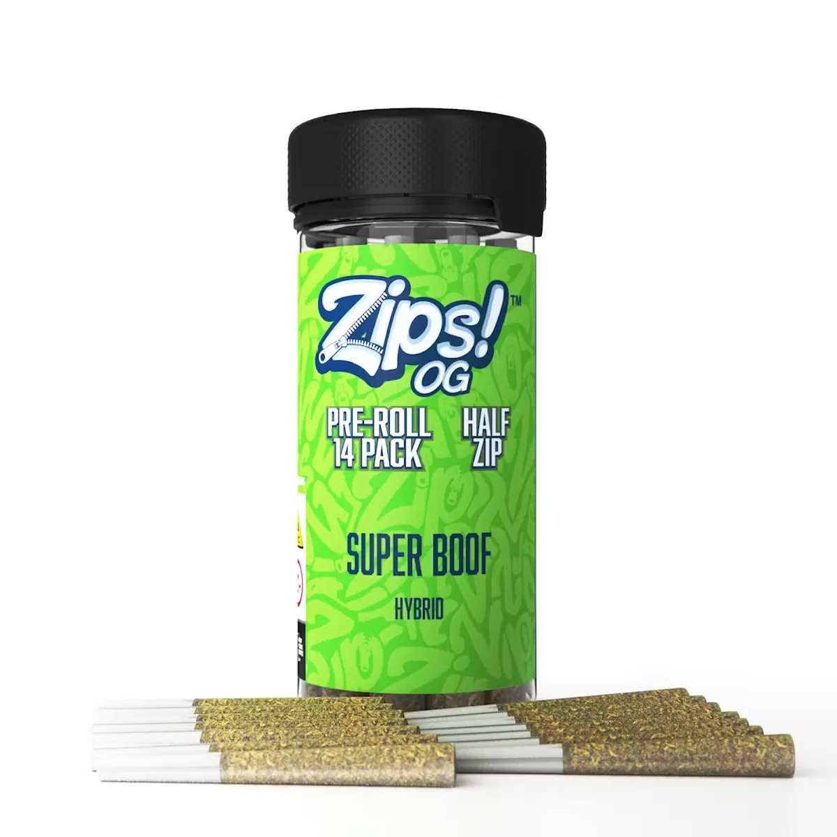 A Zips OG pre-roll 14 pack half zip jar in Super Boof, a green labeled jar with full gram prerolls fanned out in front, now at Terp Bros Astoria