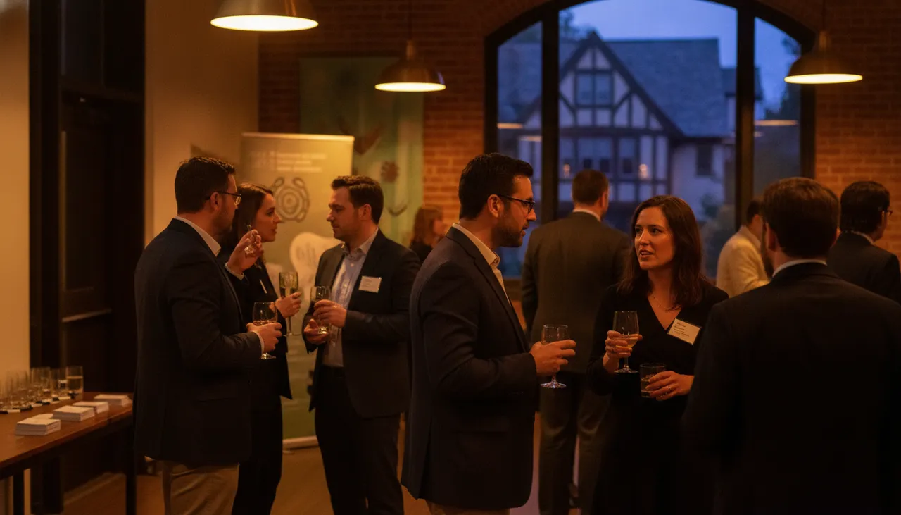 Professionals mingling at a warm Forest Hills Queens business networking mixer with exposed brick and pendant lighting at dusk