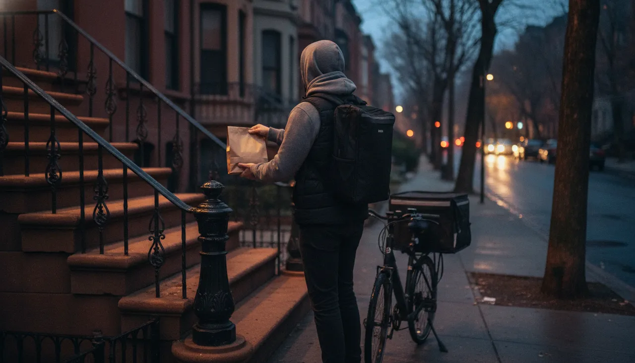 Cannabis delivery courier handing a sealed dispensary bag to a customer at a Queens brownstone stoop at dusk with an e-bike at the curb
