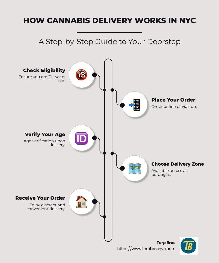 Infographic detailing cannabis delivery process, eligibility, and zones in NYC - Cannabis delivery NYC infographic infographic-line-5-steps-neat_beige