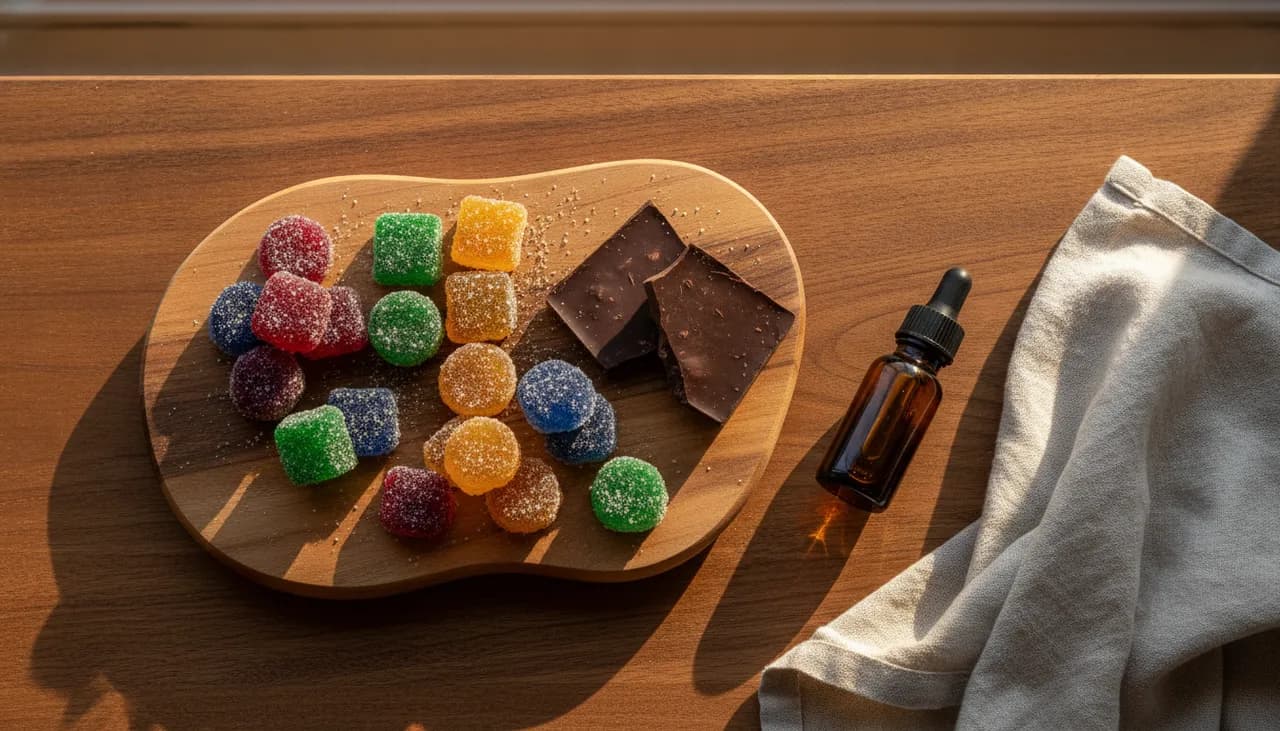 Overhead still life of cannabis gummies, dark chocolate squares and a dosing dropper on a warm wooden board in soft window light