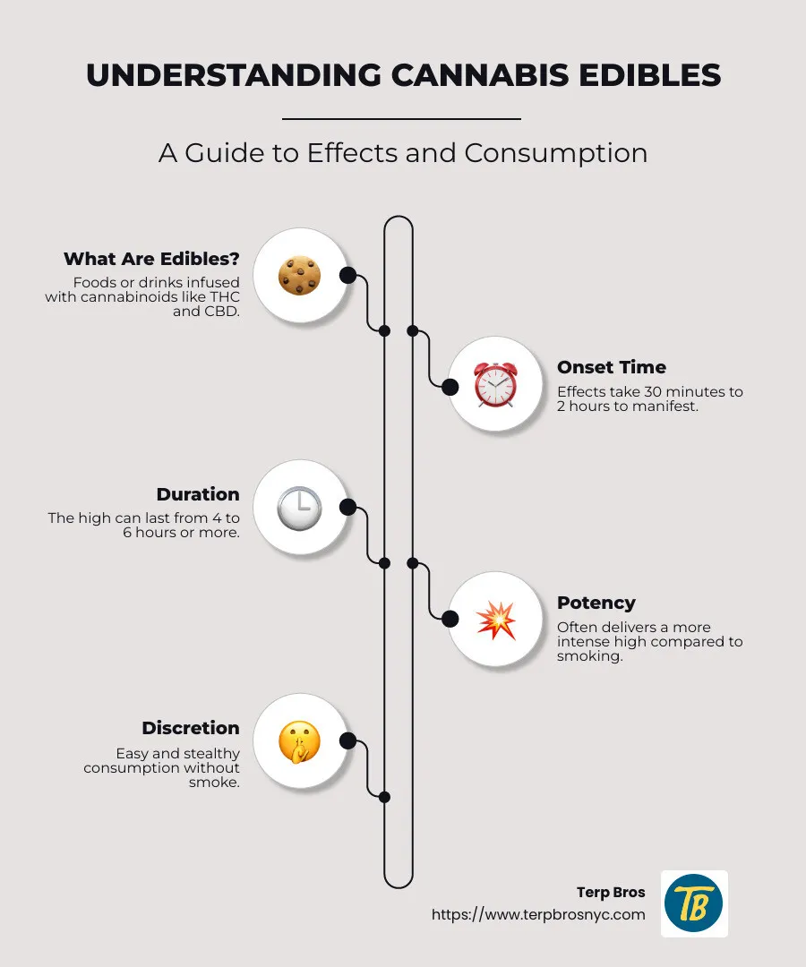 Infographic of different types of cannabis edibles and their effects, showcasing onset times, duration, and common forms such as gummies, chocolates, and drinks - edibles infographic infographic-line-5-steps-neat_beige