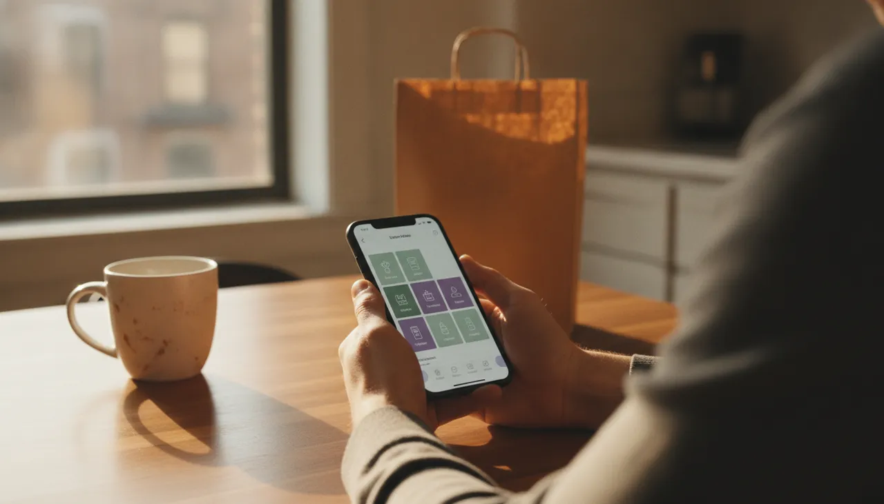Hands holding a phone with a cannabis menu app at a sunlit Queens kitchen table beside a kraft pickup bag