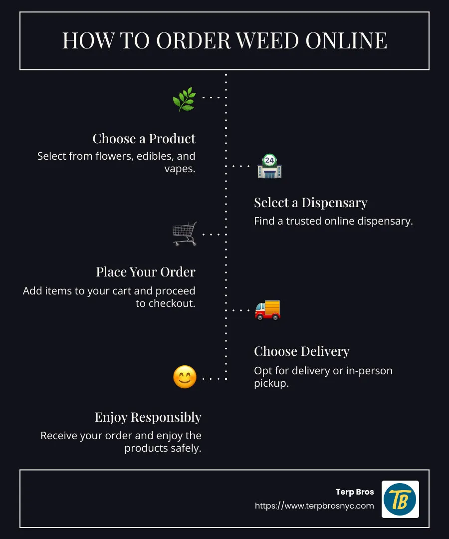 Infographic showing steps to order weed online and delivery options - Order weed online infographic infographic-line-5-steps-dark