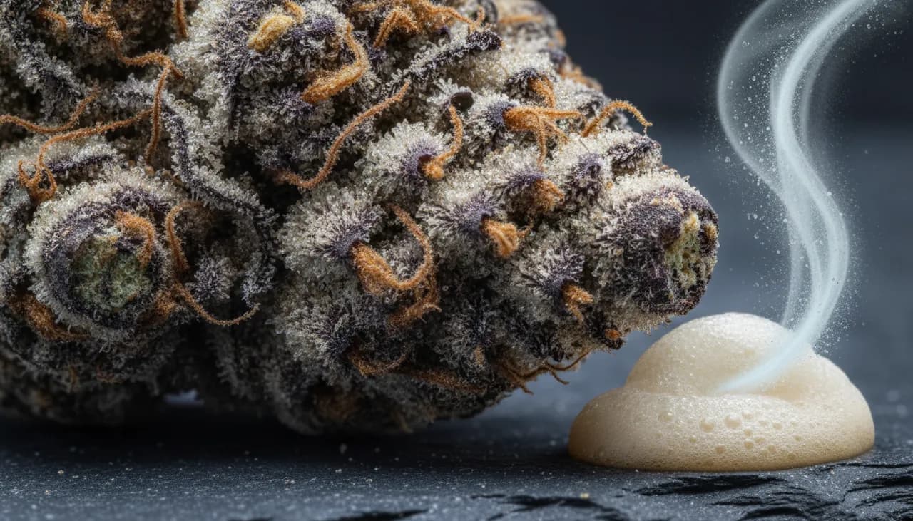 Extreme macro of a frosty root-beer-brown and purple Root Beer Freeze cannabis bud on dark slate with cold vapor
