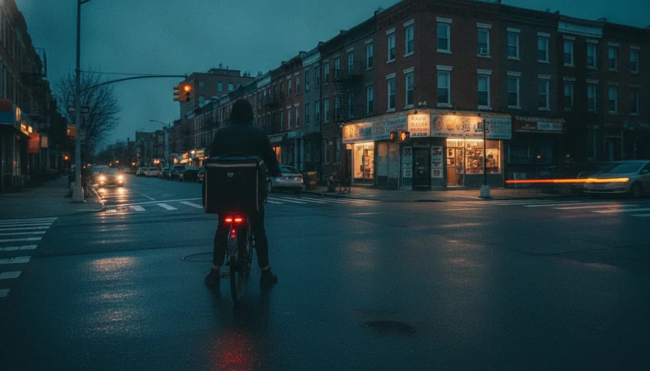 Cannabis delivery rider on an e-bike with an insulated bag pausing at an Astoria Queens corner at dusk with glowing brake lights