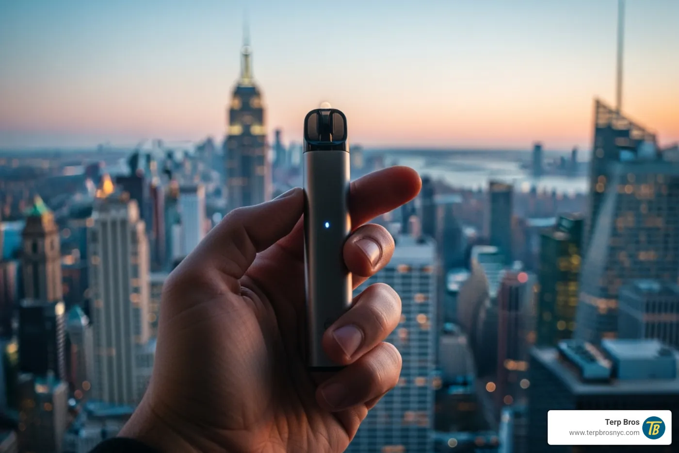 A hand holding a disposable vape pen next to a window overlooking a New York City scene. - green crack disposable pen review