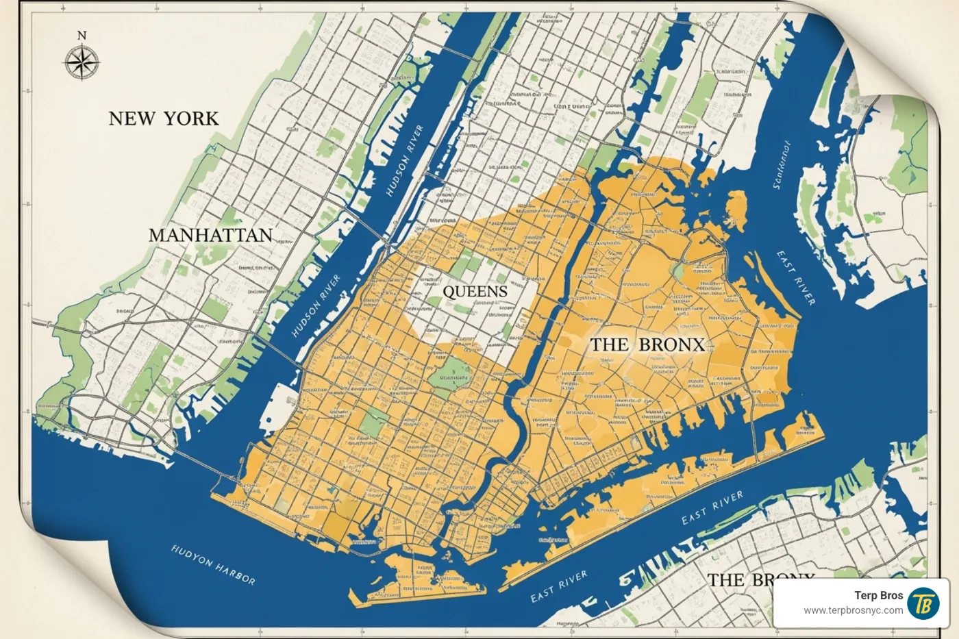 map of NYC highlighting the five boroughs, with a focus on Queens - best weed delivery nyc