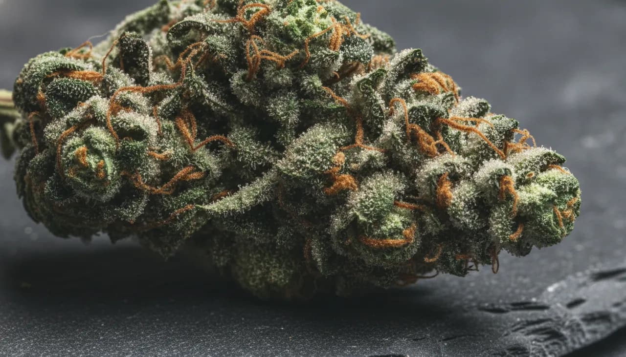 Macro of a frosty deep-green cannabis bud with amber pistils on dark slate, evoking Green Wednesday flower at Terp Bros Queens