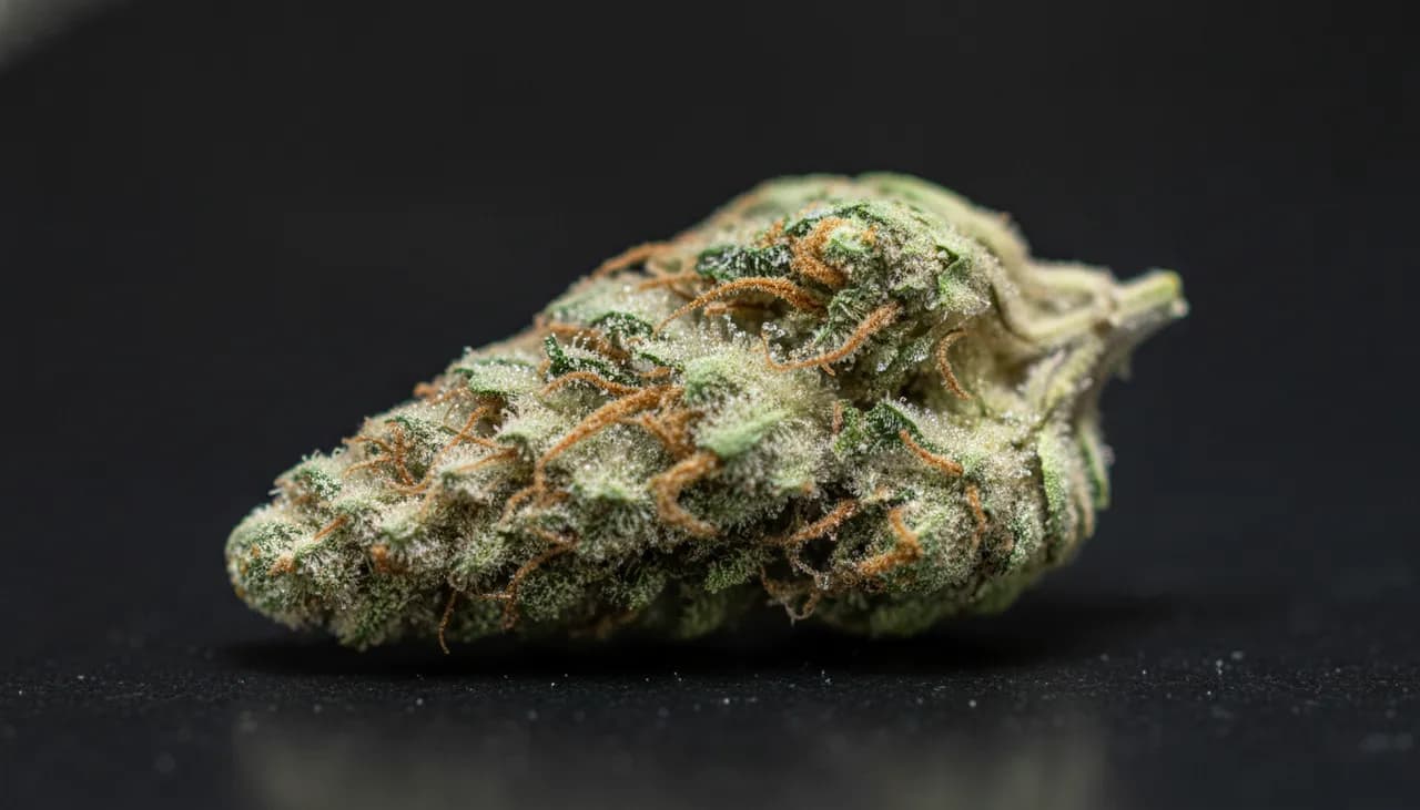Macro close-up of a pale spring-green Jack Herer sativa bud with amber pistils and glassy frosted trichomes