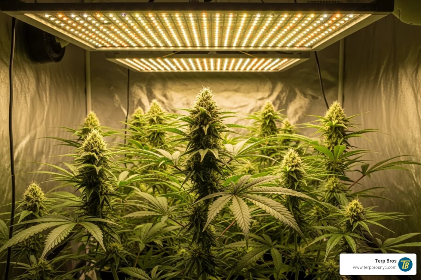 An indoor grow setup with LED lights illuminating healthy Jack Herer Automatic plants, demonstrating suitable conditions for autoflowers - jack herer automatic