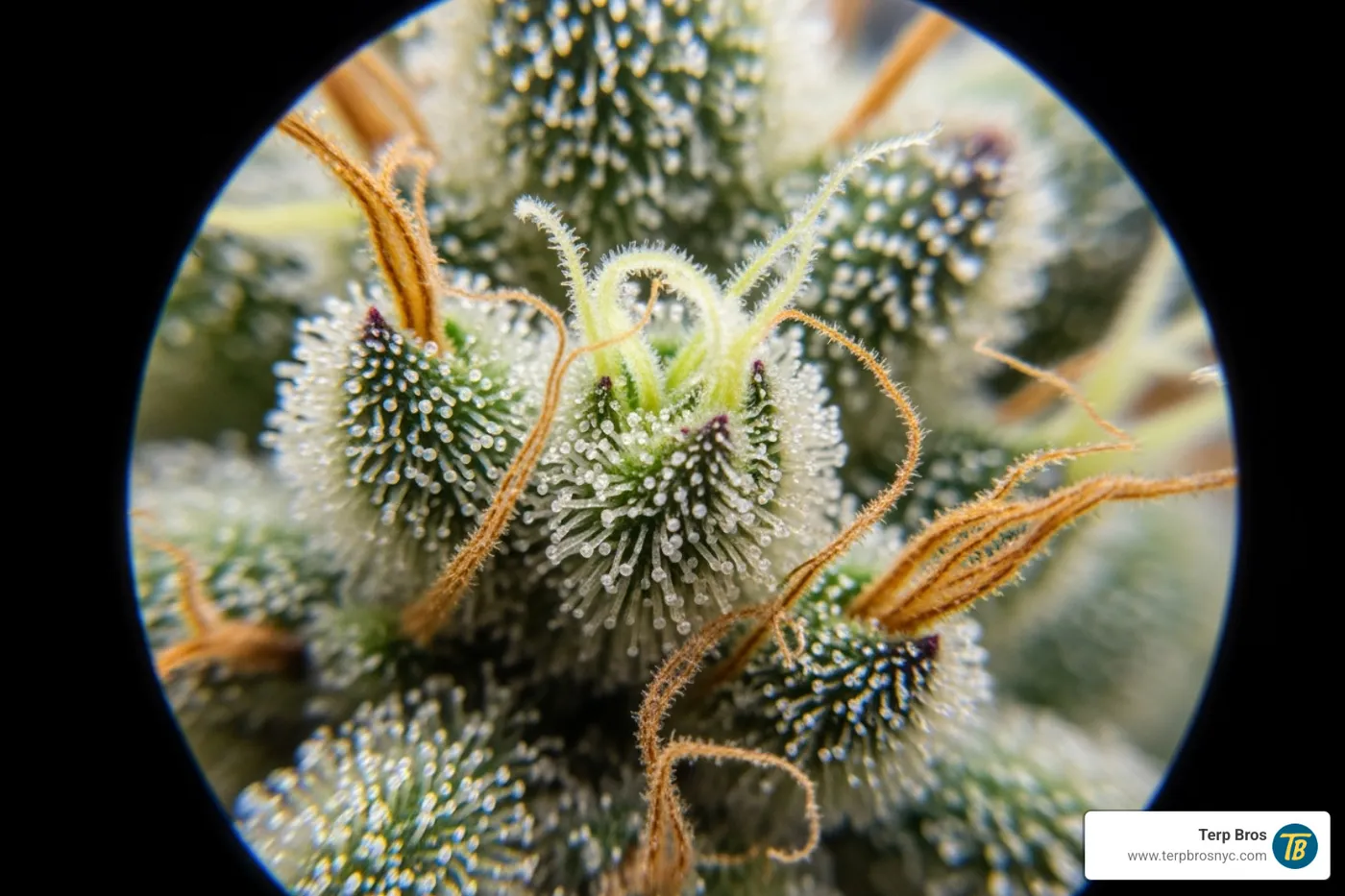 A macro shot of cannabis trichomes under a magnifying glass, with some milky and some amber, indicating optimal harvest time - jack herer automatic