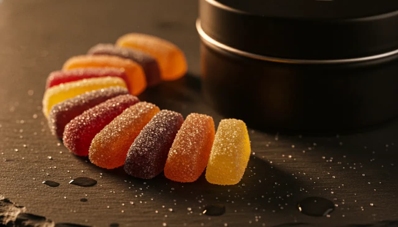 Macro spread of jewel-toned sugar-coated THC gummies fanned on a dark slate surface beside a matte black dispensary tin