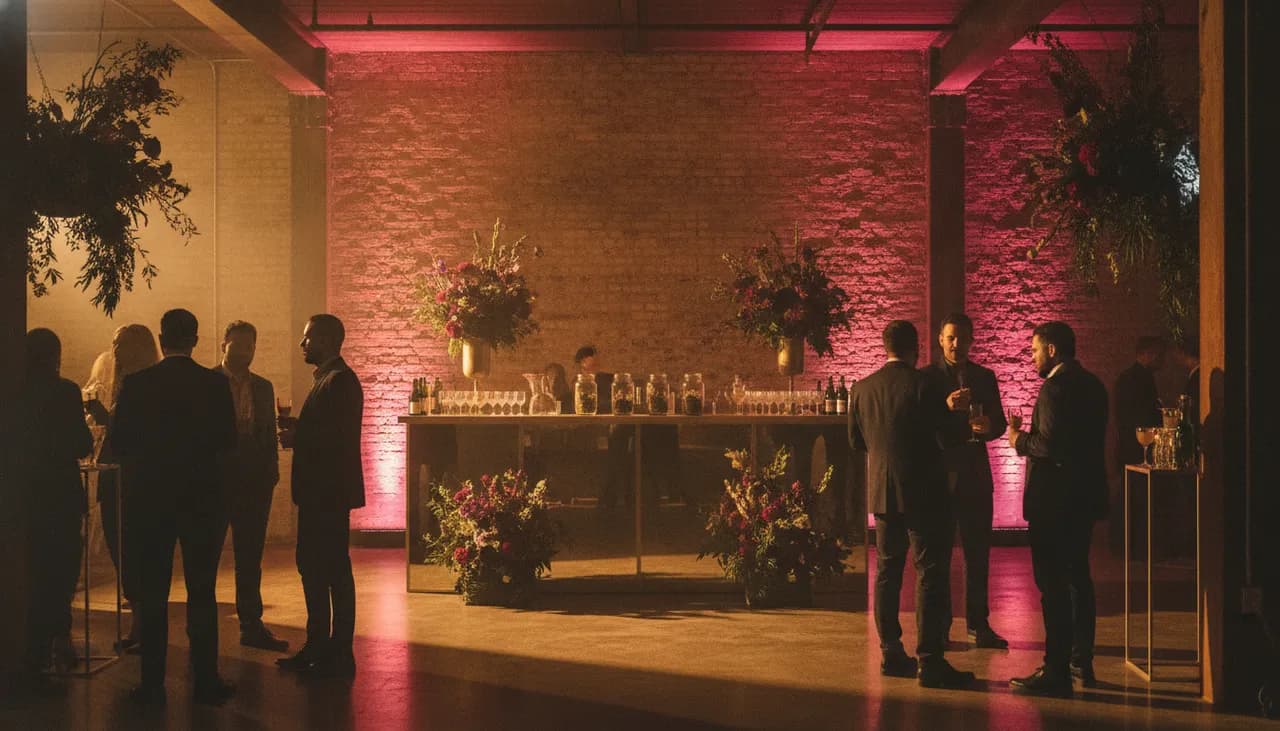 Moody amber-and-magenta lit cannabis industry after-party in a Queens loft venue with flower display jars